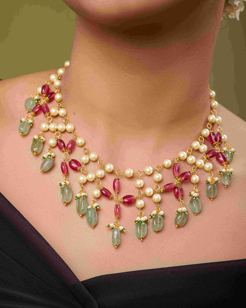 Moti-Rhodolite Jali Necklace