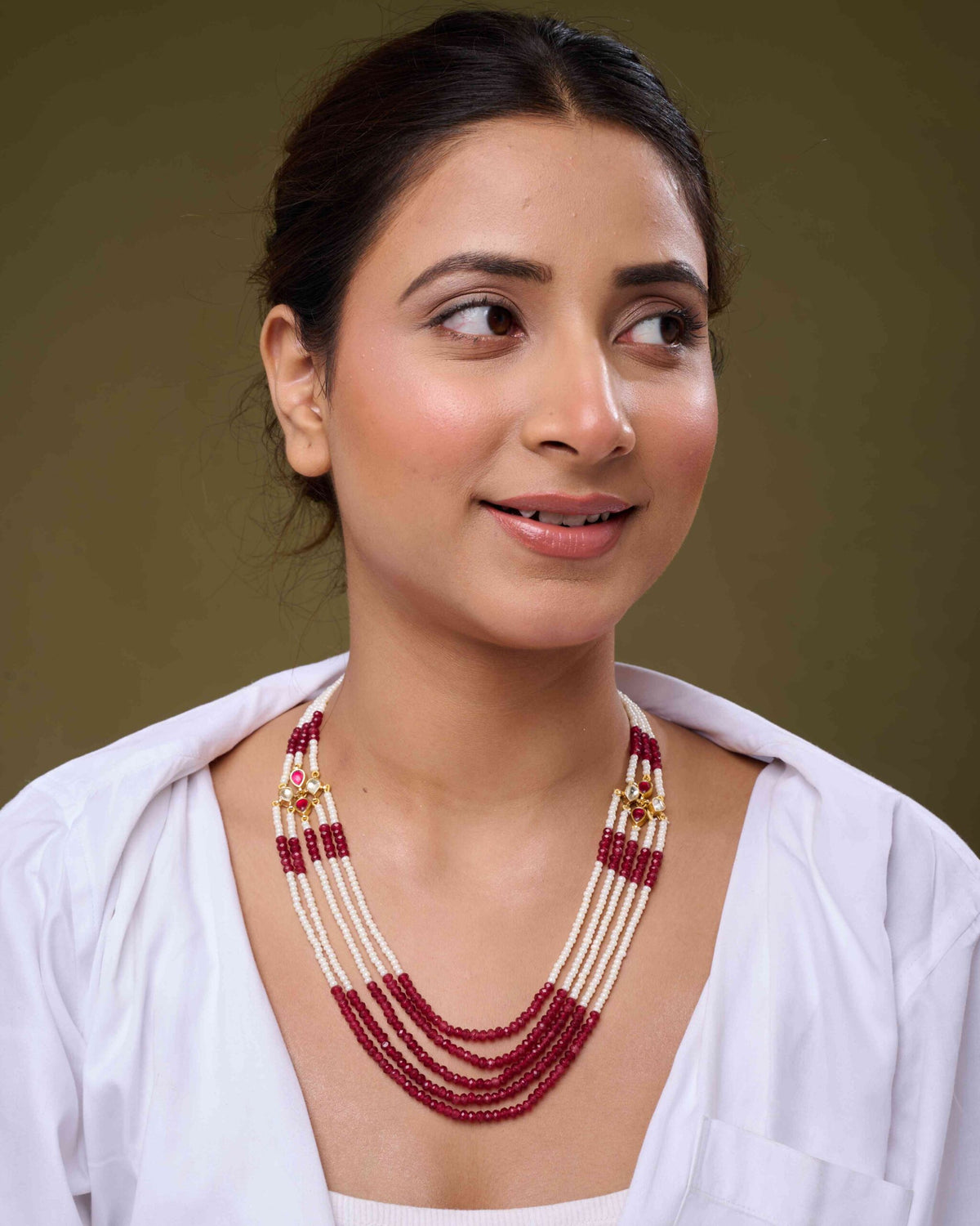 Pearl & Crimson Beads Strand Necklace