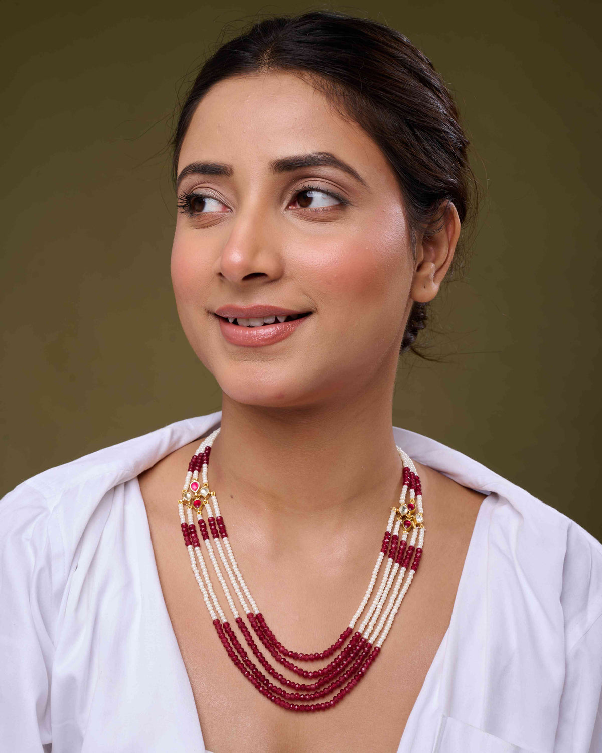 Pearl & Crimson Beads Strand Necklace