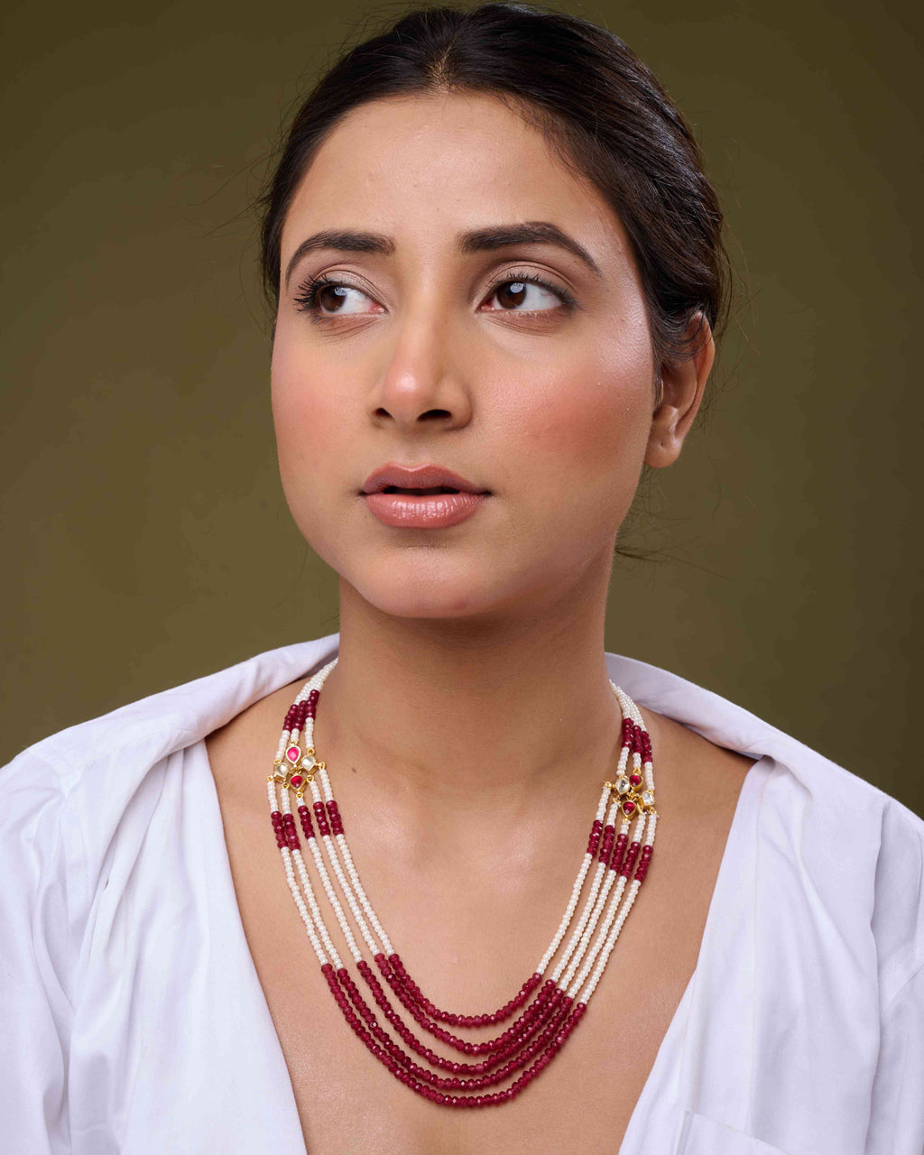 Pearl & Crimson Beads Strand Necklace