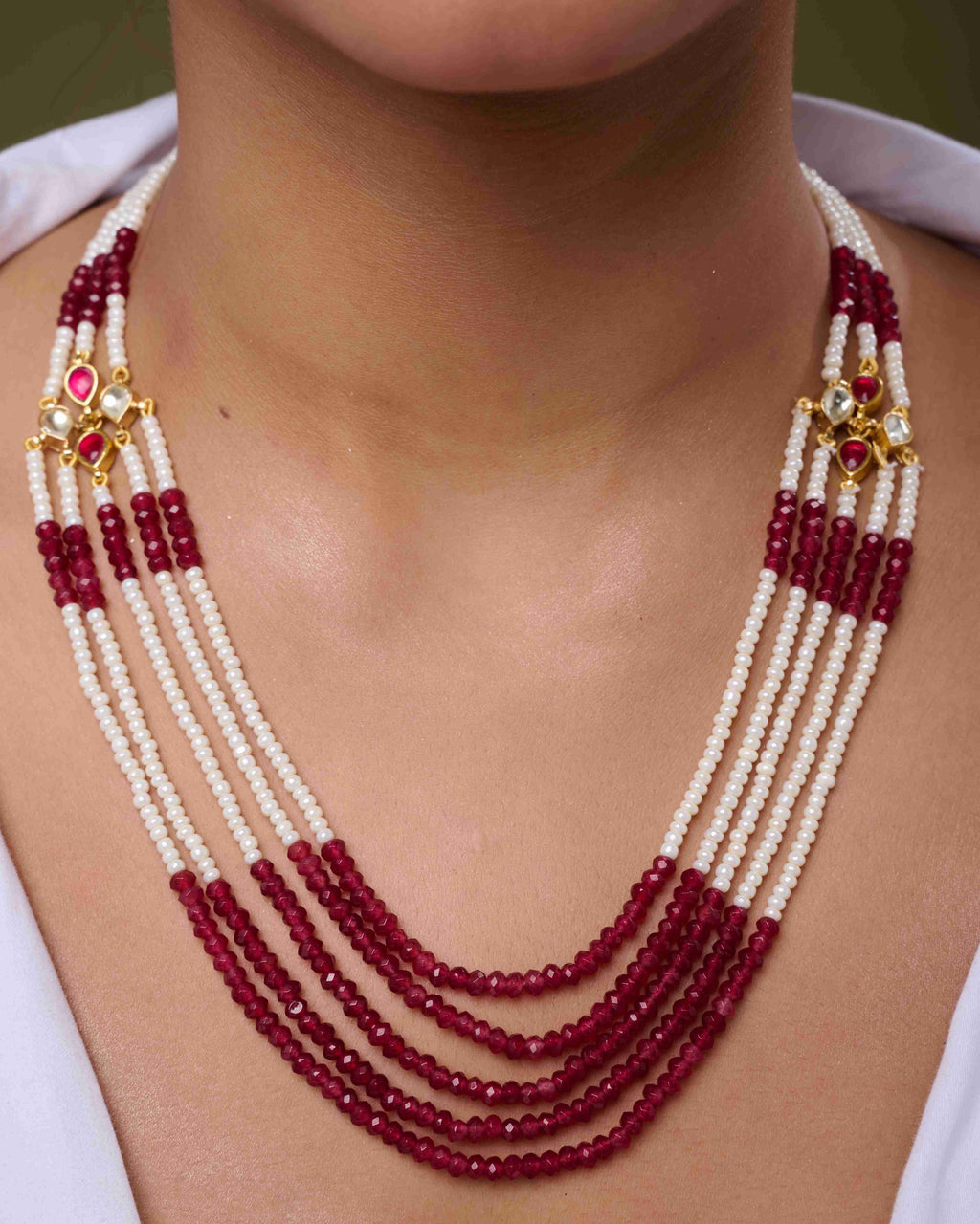 Pearl & Crimson Beads Strand Necklace