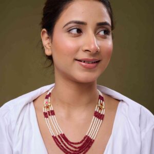 Pearl & Crimson Beads Strand Necklace